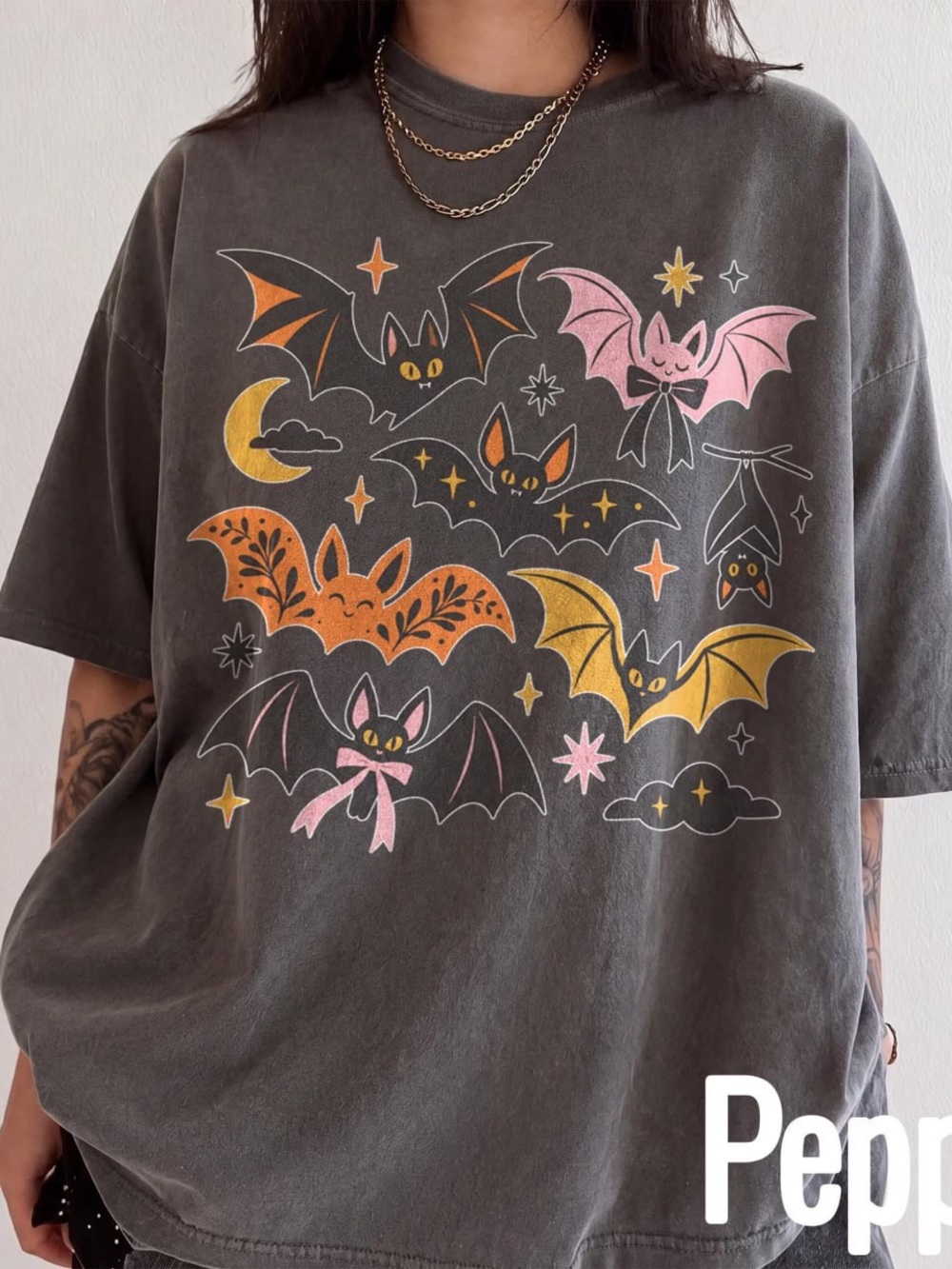 Halloween Bat Graphic Tee - Black with Pink, Orange & Yellow Bats